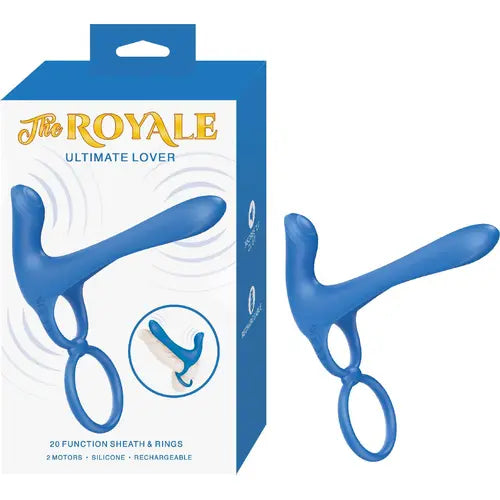 the Royale ultimate lover blue and white box next to blue sheath and ring toy