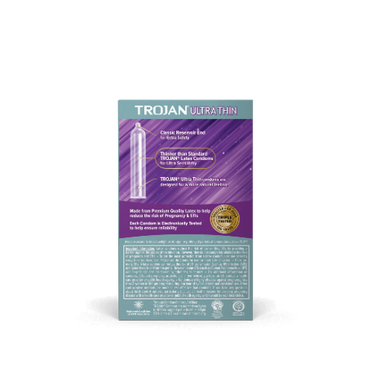 trojan ultra thin condoms box back - teal package with purple