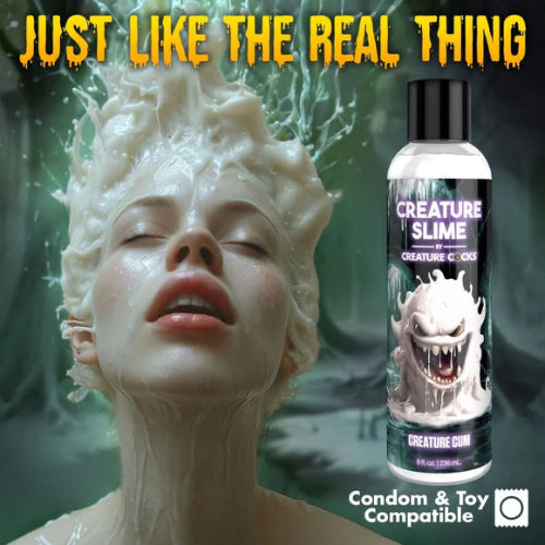 creature cum bottle next to woman with slimy hair and the words just like the real thing