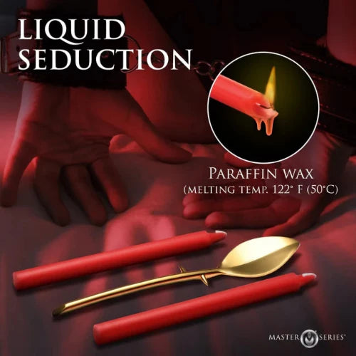 Red paraffin wax candles with a spoon and hands, labeled 'Liquid Seduction' by Master Series.