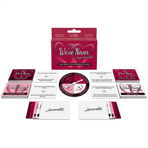 We've Never But We Will Adult Game for Couples - red box with red and pink cards and spinning wheel
