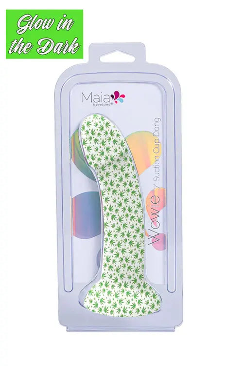 WOWIE glow in the dark dildo with cannabis leaf print in package